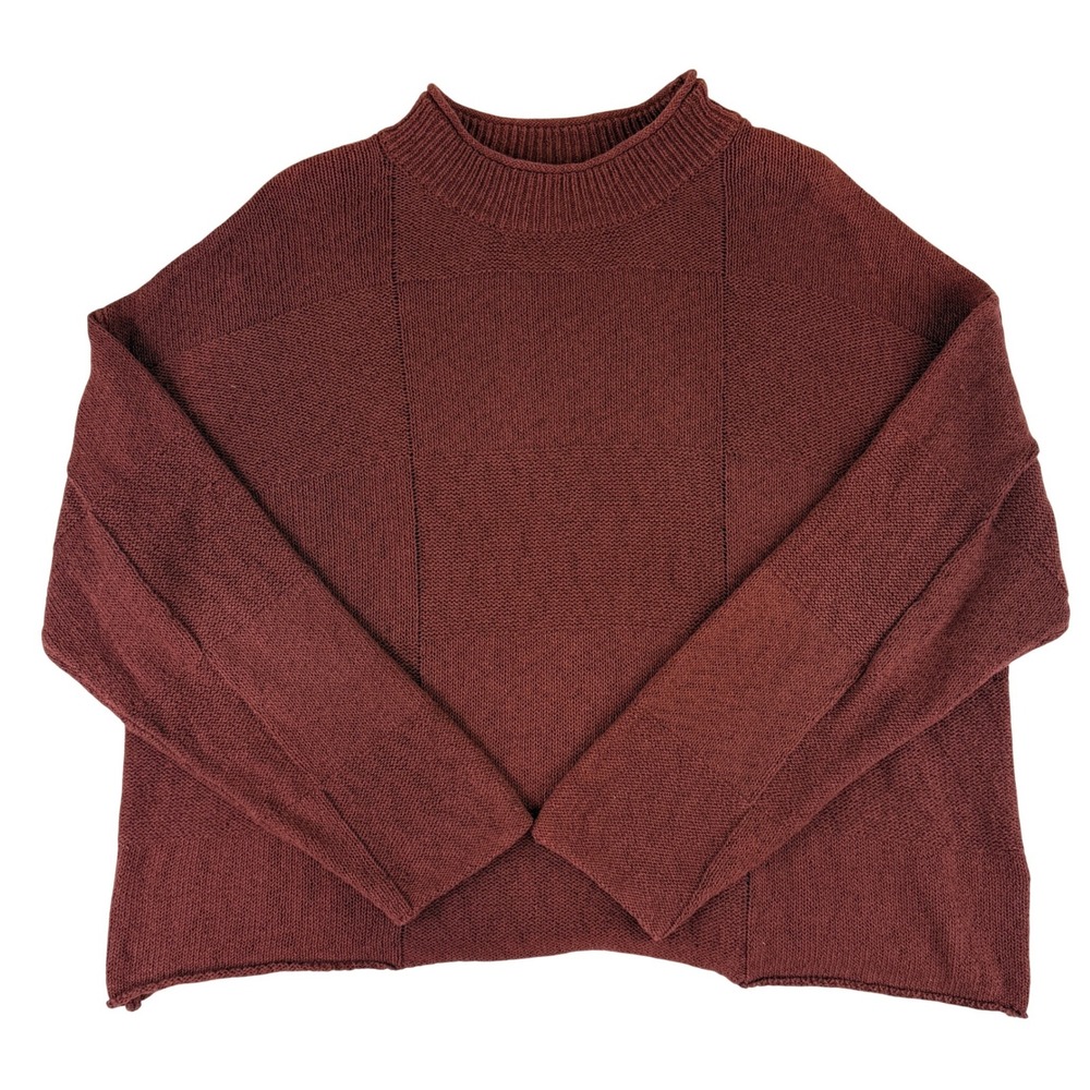 Free People Beach Sweater Womens Small Rust Red Cotton Mock Neck Paneled Knit